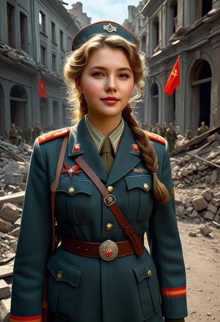 High resolution ultra-realistic of beautiful Soviet soldier girl, realistic Soviet uniform, Head and shoulders, celebrating the victory over the Germans and the end of the world war II, 8k resolution concept art portrait, people celebration in the ruined street, hyper-detailed, hyper-realistic, Attractive, artgem, WLOP, handsome dirty bloody face, Cinematic Lighting, sharp focus, digital painting, Photograph Taken on Nikon D750, Alphonse Mucha, 8K, athletic figure, Hyperdetailed, hyperrealism, attractive