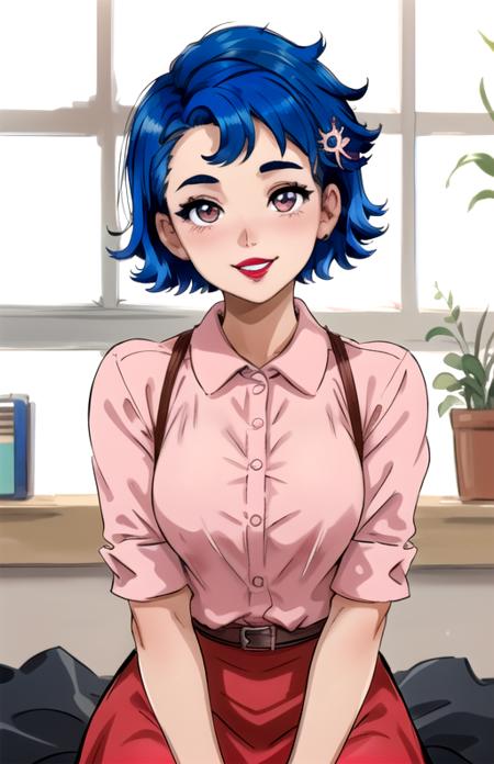 best quality, (masterpiece),(ultra-detailed), (high quality), (high resolution),  <lora:emily-10:0.7>,1girl, blue hair, emily,  hair ornament, lipstick, looking at viewer, meme, nail polish,   seiza, short hair, sitting, smile, solo, teeth, upper body, white background, window, red dress, pink shirt,