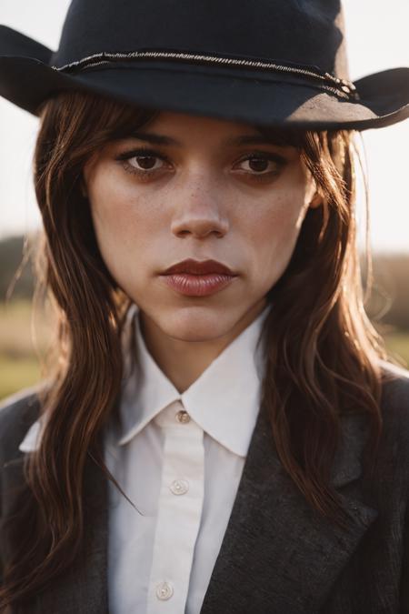 portrait photo of jenort <lora:JennaOrtegaDogu2.1:0.9> wearing  (fedora hat:1.3), outdoors, nature, soft sunlight, sharp focus, natural lighting, subsurface scattering, f2, 35mm, film grain,