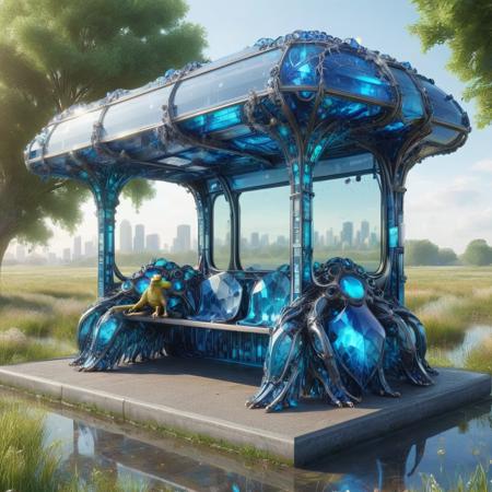 dystopian cityscape bus stop,marshland BREAK <lora:bgst:1>bgst  large vibrant mythical spacious amphibian person, octopod decamanual, webbed appendages, quadrifurcated-tailed, bushy-tailed, smooth skin,    seraph wings,