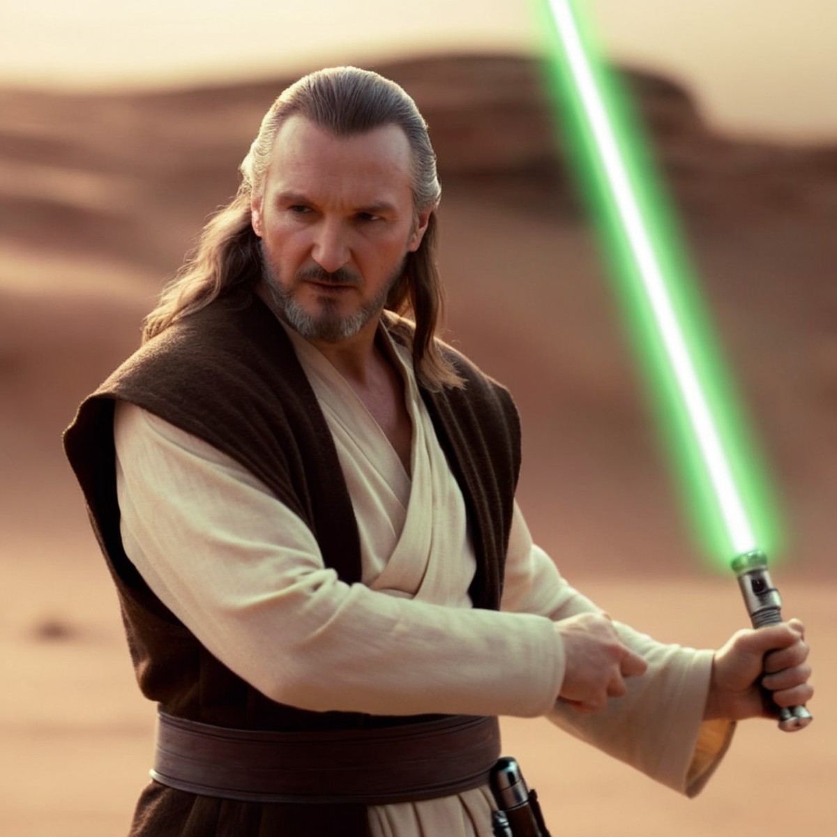 cinematic film still of  <lora:Qui-Gon Jinn:1.2>
Qui-Gon Jinn a man with a lightsaber in his hand in star wars universe, s...