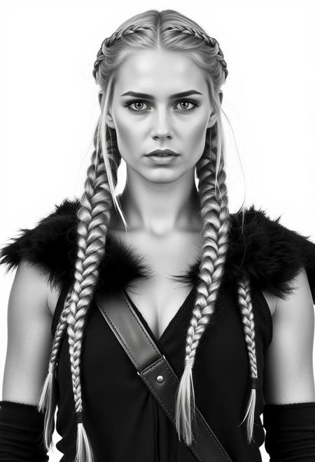 Upload
A striking black and white portrait of a woman with intricate, Viking-inspired braids cascading down her shoulders. Her hair, a silvery blonde, is meticulously woven into two thick braids that fall symmetrically on either side of her chest. The braids are tight and well-defined, showcasing the skill and precision involved in their creation. She wears a dark, fur-trimmed garment, possibly a cloak or tunic, which adds a rugged, medieval touch to her appearance. The fur trim is dark and contrasts sharply with the lighter tones of her hair and skin. A leather strap crosses her chest diagonally, suggesting she might be carrying a weapon or other gear, further emphasizing the warrior-like aesthetic. The background is a plain white, which draws all attention to the subject and her detailed attire and hairstyle. The lighting is soft and even, highlighting the textures of her hair and clothing without creating harsh shadows. Her expression is stoic and composed, adding to the overall impression of strength and resilience.