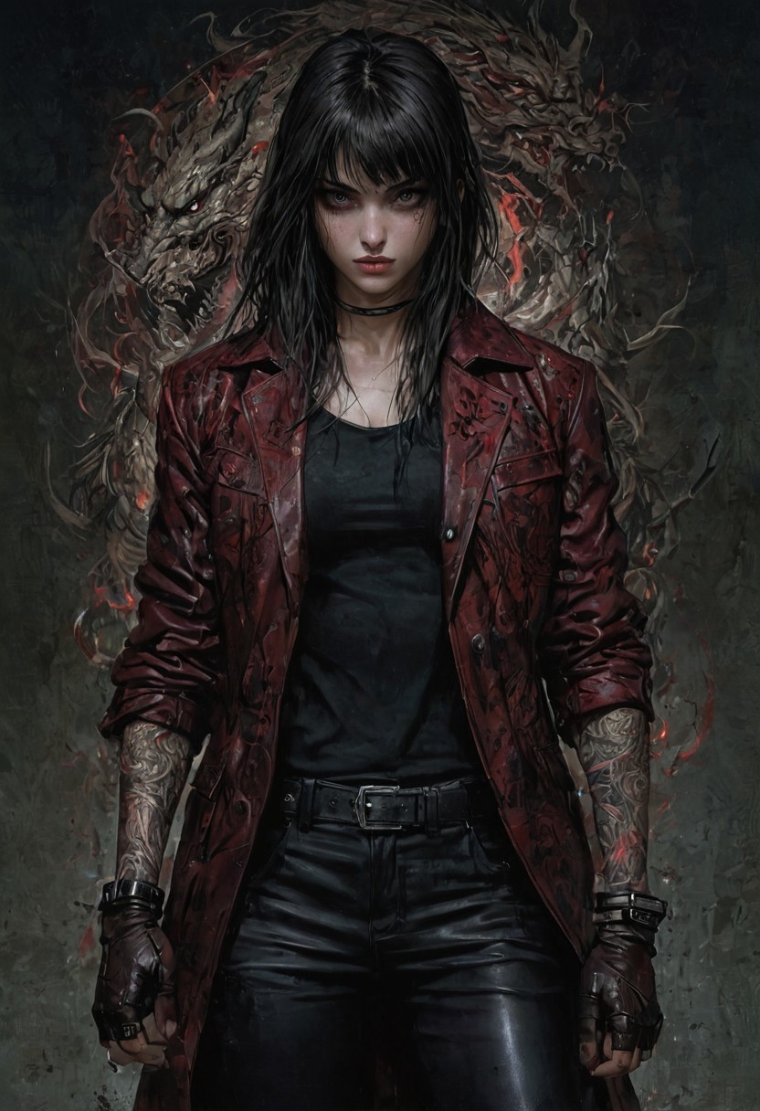 high quality, 8K Ultra HD, paintings with the atmosphere of Victoria Frances, Detailed illustration, full body,(Tomie Kawakami), gangster 20 years old, Tomigan weapon, white torn shirt, black leather pants, leather dark red jacket, solo, cybernetic implants, black eyes, brown hair, left side view,  looking at the side, standing, paintings with a mysterious shade, stunning full color, muscular body, abs, iron knuckle ,dragon tattoos on face,