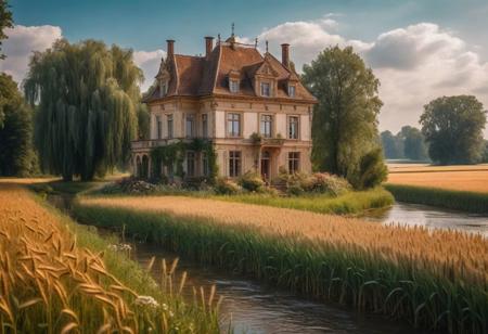 a beautiful country house in the middle of a wheat field, trees, flowers, river, enchanted fairytale landscape, 8k, raw photo, masterpiece, intricate details,