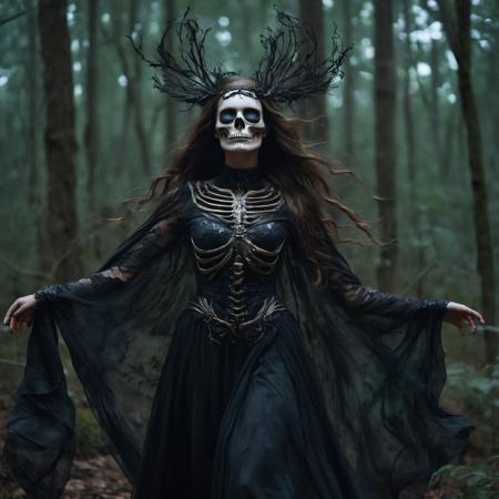 The Skeleton young Witch, flying, epoxy_skull, amidst a black swirling vortex in a dark, mystical forest. A beautiful woman with long hair stands, her figure draped in skeletal armor and an ethereal dress, engulfed by the swirling darkness. The scene is intensely cinematic, dominated by deep shadows pierced by subtle hints of light, crafting a dramatic interplay of darkness and luminescence. Wind, intensified to 1.2, weaves through the trees, enhancing her enigmatic silhouette, now surrounded by black smoke and the eye of a storm. Close-up on her sad expression, amidst sparkling embers and a billowing long piece of cloth, with a faint (intensity:0.5) hint of a Skeleton mask,