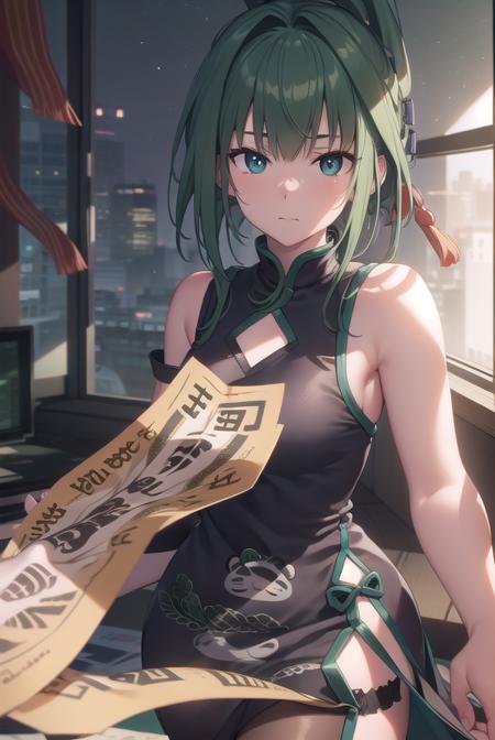 juntao, <lora:juntao-lora-nochekaiser:1>,
jun tao, (green eyes:1.5), green hair, hair between eyes,
BREAK animal print, bear print, black dress, china dress, chinese clothes, dress, air, hip vent, panda print, side slit, sleeveless, sleeveless dress, thigh strap,
BREAK looking at viewer, full body,
BREAK indoors, classroom,
BREAK <lyco:GoodHands-beta2:1>, (masterpiece:1.2), best quality, high resolution, unity 8k wallpaper, (illustration:0.8), (beautiful detailed eyes:1.6), extremely detailed face, perfect lighting, extremely detailed CG, (perfect hands, perfect anatomy),