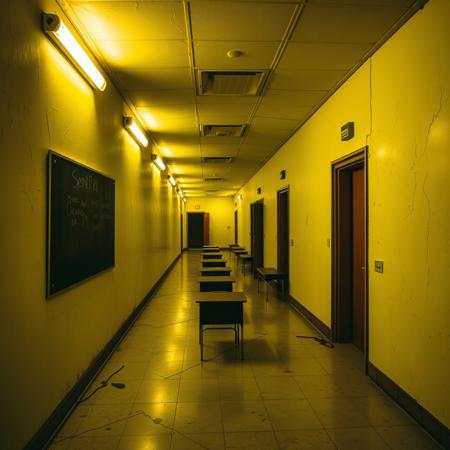 Un couloir interminable, baigné dans une lumière jaune maladive, s’étend dans un silence épais. Les néons bourdonnent faiblement, certains clignotent, projetant des ombres erratiques sur les murs délavés. Les carreaux blancs sont fissurés, tachés de moisissures qui s’étendent comme des veines mortes sous la peinture écaillée. Il n’y a pas de fenêtres. Il n’y a jamais eu de fenêtres.
Les portes des salles de classe sont entrouvertes, mais derrière, il n’y a rien. Rien d’identifiable. Juste des tableaux noirs où des traces de craie semblent s’effacer et réapparaître toutes seules. Des bureaux décalés, certains renversés, comme si quelque chose avait tenté de s’asseoir mais n’avait jamais su comment. L’odeur est atroce : un mélange de bois pourri, de papier brûlé et… quelque chose de plus ancien, de plus profond.
Parfois, au détour d’un couloir, un bruit résonne. Pas un cri. Pas un murmure. Juste… un raclement. Comme si quelque chose traînait sur le sol, lentement, sans jamais s’arrêter. Tu ne peux pas dire d’où ça vient. Ça ne semble pas se rapprocher. Ni s’éloigner.
Il n’y a pas d’horloge. Il n’y a pas d’issue. Juste ce labyrinthe de salles vides, de couloirs sans fin, de portes qui ne mènent nulle part. Un endroit oublié, mais pas abandonné.
Et au loin, un haut-parleur grésille. Une voix artificielle, déformée, déclame une annonce scolaire incompréhensible. Chaque syllabe résonne trop longtemps, comme si l’endroit lui-même refusait de la laisser s’éteindre.