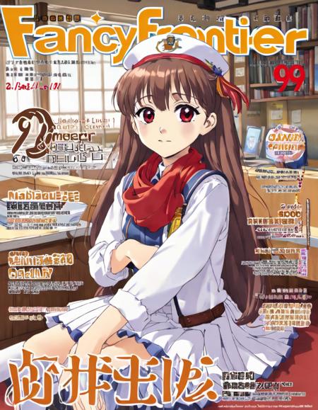 Design the cover of an anime magazine featuring a single girl character from the series '\ke li.' She should be sitting in a relaxed yet lively pose, with a direct gaze that connects with the viewer, suggesting a sense of approachability and charisma. The girl has distinct low twintails and wears a campus uniform that fits the 1.4 scale in detail - a nod to the classic anime aesthetic. Her outfit includes long sleeves, a neatly pleated skirt with a 1.3 scale for detail, and brown gloves that contrast nicely with her uniform. A scarf is loosely wrapped around her neck, adding a touch of elegance. Her hat, adorned with a prominent feather, is a striking red that matches her energetic and open expression. Accessories such as a backpack contribute to her school-ready appearance. Above her, the title 'Fancy Frontier' should be prominently displayed, with the number '99' signifying the issue. The background should be a pure white, ensuring all focus remains on the character and the text, <lora:twanimax:0.75>