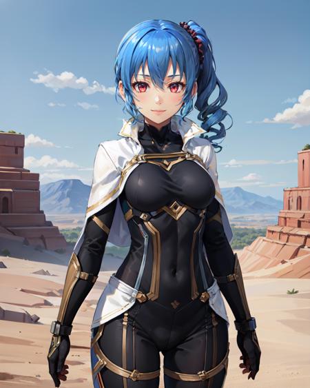 best quality, (masterpiece:1.2), illustration, absurdres,
(1girl), (solo), (beautiful detailed girl),  cowboy shot,,
<lora:ClaireIronblood-08:0.8>, blue hair, side ponytail, scrunchie, red eyes, medium breasts,
black bodysuit, skintight bodysuit, white capelet, white waistcloak,
looking at viewer, gentle smile,
desert, mesas, sun, sky,