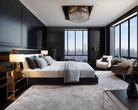 a new york manhattan luxury bedroom in the spring, hyper detailed, ultra realistic, sharp focus, octane render, volumetric, ray tracing, artstation trending, cgsociety, insanely detailed studio photography hdr, 8k, cinematic lighting, dramatic lighting, Cannon EOS 5D, 85mm