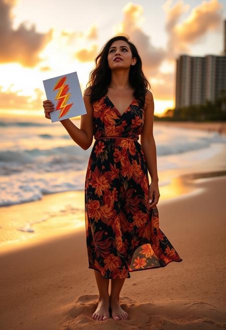 The sun was setting over Waikiki Beach, casting a warm, golden glow across the landscape. The rhythmic sound of waves lapping against the shore created a serene soundtrack for the evening.
On the edge of the beach, an adult woman, embodying the grace of her Hawaiian heritage, stood with a sense of youthful exuberance. Her dark, wavy hair cascaded past her shoulders, and she wore a flowing sundress adorned with vibrant tropical patterns. Her bare feet were buried in the warm sand as she looked up with a mix of nostalgia and anticipation.
In her hand, she held a piece of art—a striking drawing of a lightning bolt, rendered in vivid orange and shimmering yellows. The lightning bolt was more than just a sketch; it seemed to radiate an abstract, almost mystical energy, capturing a sense of excitement and possibility.
The woman’s eyes widened with delight as the abstract concept of the “buzz” manifested before her. The lightning bolts seemed to come alive, their electric energy painting the sand with a dynamic, ephemeral brilliance. She felt a rush of exhilaration, a rekindling of the magic she had cherished from her youth.
The scene was a perfect blend of adult sophistication and childlike wonder, capturing the essence of finding joy and magic in the simplest of moments.
