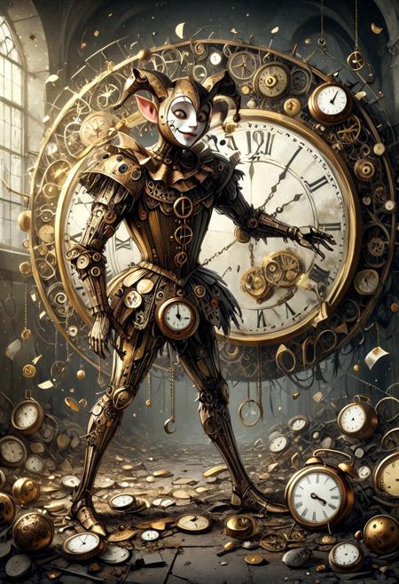 by Val Munteanu,, Val Munteanu illustration, jester costume,broken clock, old, decay, dramatic scene, highly detailed, solo, till Eulenspiegel, gold, shining, metal, round,
 <lora:Clock_Style:0.8> clock, clock_style,