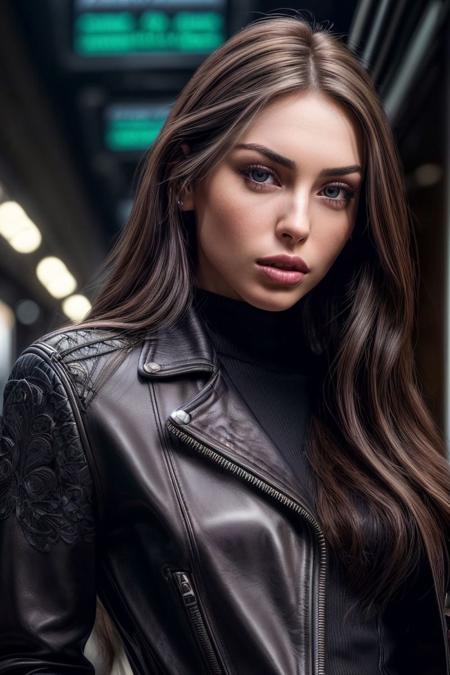 a photo of S097_DianaBabyna, a beautiful woman, in a (subway), wearing a (leather-jacket:1.1), (8k, RAW photo, best quality, depth of field, ultra high res:1.2), (absurdres, intricate, photorealistic, masterpiece, ultra-detailed, Unreal Engine:1.3)