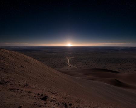 dark desert, landscape, giant blu star on the horizon view from high height, 18 mm lens, f/2, sharp focus, great image detail, cinematic lighting, ray tracing, ssao, HDR,