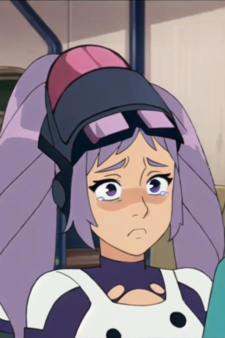 a woman with long purple hair, pigtails, detailed huge sad eyes, wearing a purple top and white shirt, welding helmet on her head, standing inside of a palace