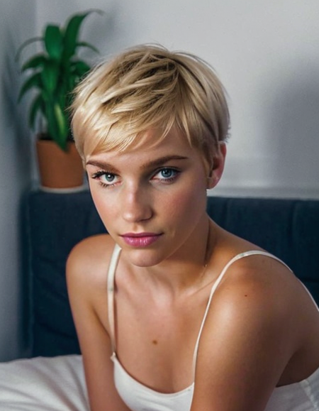 portrait photograph of6cxp with a short blonde pixie cut listening to headphones on her bed in her room. Hanging plant and lamp nearby. Indoors, dim fluorescent lighting. Photorealistic. High resolution, high definition, detailed, 8k. 12 mpx 35mm f/12 1/250 shutter speed.