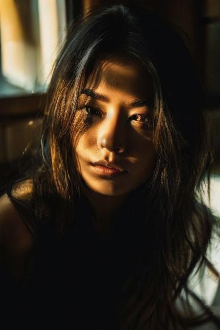In a low-key style with the grainy texture of expired film, the photo offers a close-up view from above of a photo-realistic close-up medium shot of a beautiful girl's figure laying down in a bathtub, depicted in full body. One hand is reaching down out of the bathtub, holding a wine bottle. The attention to detail captures every nuance of the subject's features and attire, creating a lifelike representation that almost breathes with realism. Against the backdrop of vibrant, full-color, saturated neon city lights visible through the big windows, the scene comes alive with a plethora of hues and tones, infusing warmth and urban energy. The subject's expression exudes a sense of calm amidst the bustling cityscape. Bathed in the dim neon-colored light from the blacked-out large windows showcasing the city's glowing neon signs, the scene is a captivating mix of dramatic shadows, heightened by a subtle rim light tracing along her silhouette, and accentuated by a soft hair light adding dimension and allure to her hair strands.