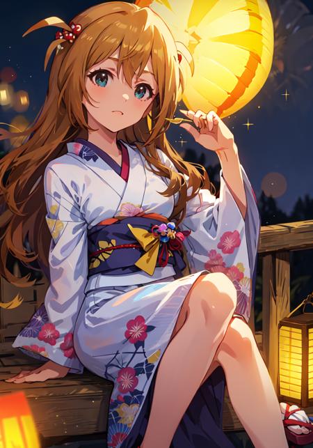 konomi baba \(million live\),1girl,solo,long hair,hair over shoulder,(best quality, 8K, masterpiece, ultra detailed:1.2),
street,people,crowd,night,gradient sky,blurry,sparkle,light particles,fireworks,lantern,depth of field,lens flare,motion blur,
kimono,sandals,sash,ribbon,yukata,head tilt,