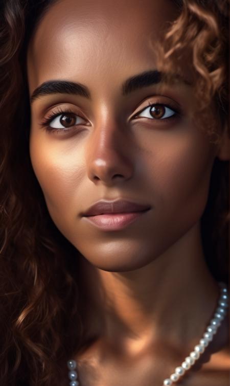 <lora:Gaia_Scodellaro_xl_lora-000021:1>woman  Realistic 8K portrait: A young Smiling (brown skin) brunette, bright brown eyes, wind-blown long hair, pearl necklace; dramatic lighting, cinematic colors; hyper-above, hi detail, sharp focus, perfect lighting, awesome, dslr, 4k high quality. extra detail, extra sharp, magical, perfect moment, natural skin, pores