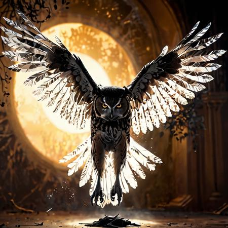 concept art dark silhouette of an owl in flight against the abstract background of light, (full body:1.1), talons outstretched, landing on a branch, wrapped in an ethereal sheer fabric, dark theme, light halo around body, muted colors, subsurface scattering, soft light, intricate details, natural texture, amazing play of light and shadow, digital artwork, illustrative, painterly, matte painting, highly detailed.
<lora:xl_more_art-full_v1:0>