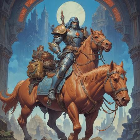 a men on a horse, colorful muscular robot, motu, with a blue background, with walkways, listing image, new vehicle, altermodern, package cover, troll, promotional image, horse, by alphonse mucha, ayami kojima, amano, greg hildebrandt, and mark brooks, neo - gothic, gothic, character concept design,