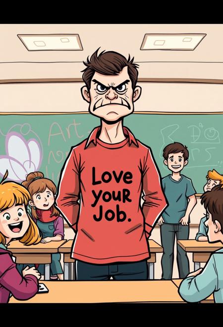"Create an image of an art teacher standing at the front of an art class. But the humor comes from the fact that the teacher's face is a crudely drawn angry face. The teacher's shirt says, "I love my job". He scolds the students. The students in the background look on in amusement, some of them trying to stifle giggles. The teacher's posture and body language convey a sense of indignation and embarrassment, adding to the comedic effect. The image should be rendered in a humorous and exaggerated style, with bold lines and bright colors. Think 'cartoonish' and 'playful'."