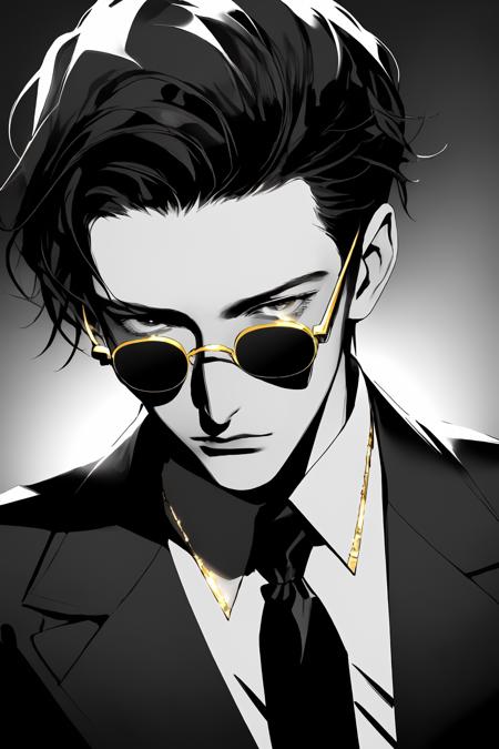 suit thug, 1boy,black necktie, male focus, monochromatic minimalist portraits,simple background, close up, black background,gold glasses frame