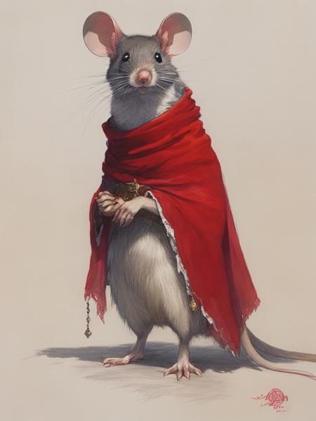 <lyco:Jean-BaptisteMonge:1.0> anthropomorphic mouse character, wearing a tattered red tibetan scarf cloak, full body visible, colourless pencil sketch, light linework, redwall, jean-baptiste monge