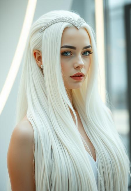 Beautiful women's futuristic white hairstyle. This hairstyle is extremely long and flowing with a specific futuristic flair. The hair is pure white, with silver futuristic sleek tiara. The hair is high class and fancy, but tasteful, and is from the far future.
