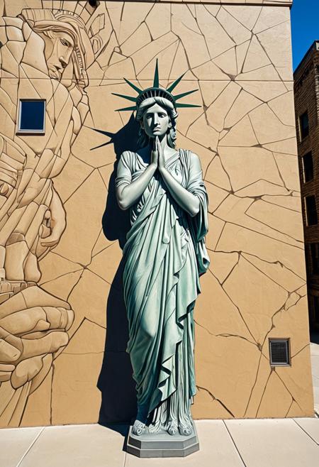 masterpiece art, tall highrise housing, the projects highrise, front view of beige color flat concrete wall with (colossal mural painted on wall:2.0), (hyper realistic painting of the Statue of Liberty also known as Lady Liberty:2.0), she is standing tall, wearing a her famous robe with beatiful intricate creases, though this image of her has been modified with alterations, she has black gaffer tape or black duct tape covering her eyes (see no evil), she has placed her beautiful hands with elegant fingers covering her ears on either side of head (hear no evil), she has black gaffer tape or black duct tape covering her mouth so she cannot speak (speak no evil), 2 feet visble, she has dropped the torch and the torch has fallen outside of the wall and onto the street below, the famous Liberty torch with a short handle is lying on it's side on the ground, surrounding the fallen torch are cracks in the street, with long shadows casted. ArsMJStyle, Colored pencil hyperdetailed realism, in the style of tim doyle
