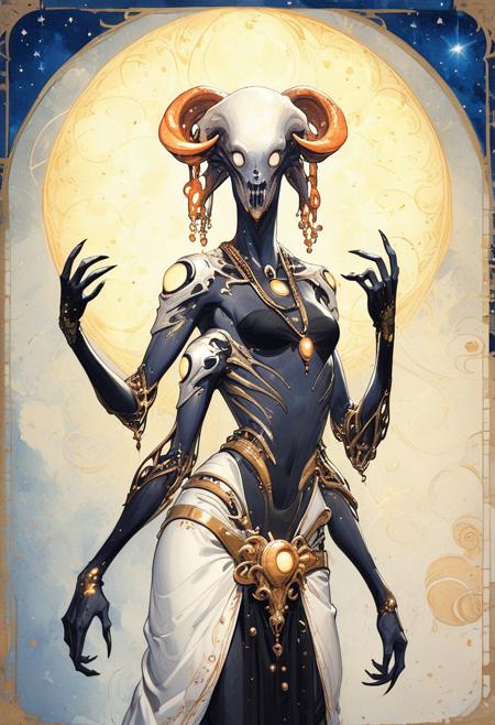 score_9, score_8_up, score_7_up, 
In a bleak and barren world, hindu goddess dancing in the swirling cosmos, wild dance kicking and flailing, aspect like a slender alien, radiating their awesome godlike might, strange woman, big eyes, dark blue skin, white eyes, golden jewelry,( a belt of skulls, a necklace of severed bloody heads:1.3), four arms, inhumanly thin, kaleidoscopic swirl of stars and nebulae in the background
,1girl, ArsMJStyle, art nouveau, 
, the scene is captured in dimly lit dark fantasy but vibrant colors, with bold ink lines defining form against the watercolor wash of the aged paper
(Art Noveau), ArsMJStyle, Drawn in the style of a tarot card, glowing neon purple trim, gold trim, skin tight outfit, revealing outfit, sexy