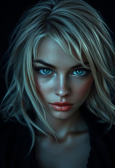 a cute but seductive woman, blonde, (hi-top fade), (dark theme:0.9), soothing tones, muted colors, high contrast, (natural skin texture, hyperrealism, soft light, sharp). Bright green eyes