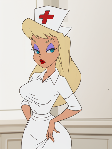 full body, woman, slim, long hair, blonde hair, purple eyes shadow, blue eyes, red lips, big breasts, big buttocks, nurse hat, white shirt, white skirt, white sneakers,