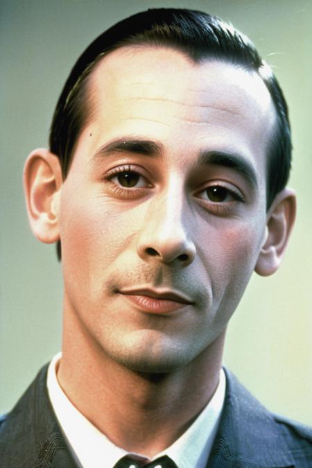 PeeWeeHerman, 1man, portrait, (masterpiece, best quality, extremely detailed, photorealistic), narrow body, skinny, wild colors, (closeup on face:1.3)