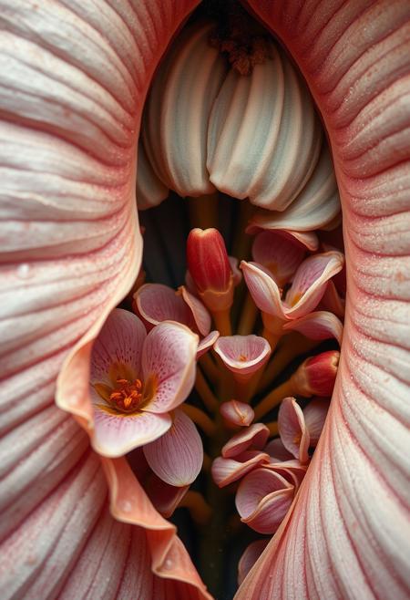 georgia o'keeffe, painting, extreme close up, female, biology, abstract, ornamental, opening, inside, wet, moist, flowers, subdued colors.