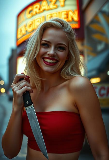 Beautiful supermodel albino woman posing for a photo in a city, natural, 3/4 body view, beautiful eyes, just a little evil, crazy ex-girlfriend, crazy hair, laughing, fire in her eyes, perfect teeth, tight crop top, holding a knife, [imperfections], 100mm f/2.8 macro lens, film grain, candid camera, color graded cinematic, 1960s vintage RAW photo, eye catchlights, catchlights in eyes, dramatic lighting, atmospheric lighting, rembrandt lighting, realistic, theater in background, (theater marquee reads text "CRAZY EX-GIRLFRIEND")