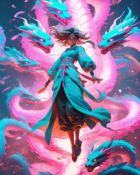 A full body portrait of a levitating beautiful woman surrounded by a whirlwind of cyan and pink light dragons, highly detailed eyes, 2d art cover, official fanart behance hd artstation, masterpiece, smooth render, watercolor, 8k quality