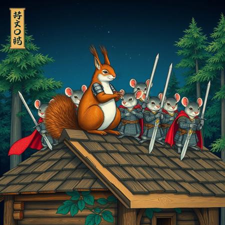 A warm summer night,  a one big squirrel dress like a commander of a group of grey mice. All  are standing on the top of a wooden roof of a big wooden cabin in the middle of the forest.  All of them wear a medieval knight armors and hold steel swords. vivid colors, ukiyo-e  style