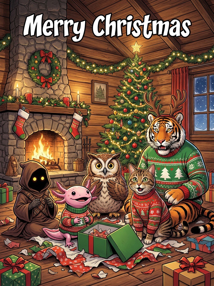 Generate me a funny cute fluffy realistic comic image of a Jawa, a axolotl, a owl, a cat and a tiger dressed as a dressed in ugly Christmas sweaters. They are all looking at the viewer while opening presents. Its set in a wodden cottage with a Christmas tree and a fireplace. The whole house is decorated for Christmas. The caption at the top says “Merry Christmas” , comic, realistic, 8k, uhd, high quality, depth of field,