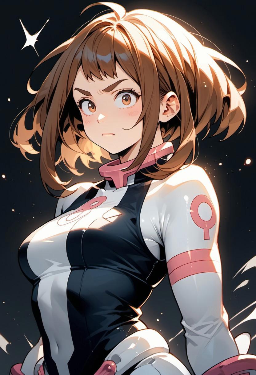 solid black background, simple black background, source anime, score_9, score_8_up, score_7_up, best quality, high quality, hd, 8k, masterpiece, absurdres, highres, solo, 1girl, uraraka ochako, cute, determined, uravity outfit, flat colors, flat shadows, thick lines, cowboy shot, white outline