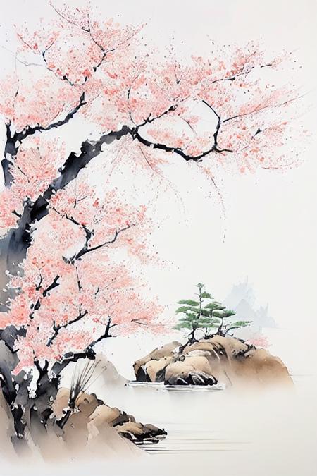 <lora:ink and wash1.5v1:1> ink and wash, torii, cherry blossoms