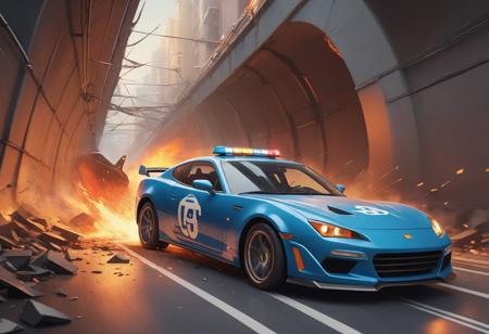 (masterpiece stylized dramatic close up of:1.1) (anime niji illustration :1.3), Police cars chasing a rogue sports car through a tunnel, ending in a fiery crash with sparks and debris flying.