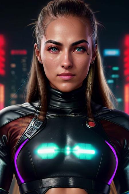 Raw photo,  high quality, close up portrait, to8contrast style, Koh_NochtliPeralta, cyberpunk, a woman as a glamour model, extravagent turtleneck dress, black mesh, chrome accessoires, stagelights, advertisement, holographic lights, billboards, perfect face, sharp focus, high contrast, <lora:to8contrast-1-5:0.5>