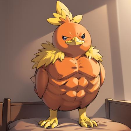 (swole torchic:1.2), standing on one leg, from above, no humans, big bird, full body, pokemon, solo,  bedroom, fog, from below, pov, own hands together, 
 <lora:torchic-09:0.6>