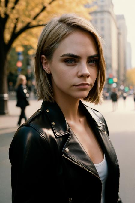 street photography of a woman,(caradelev1ngne_ti-4600:0.98) in her 30s,wearing a black leather jacket,walking in park,  realistic photograph, detailed face, film grain,shot on hasselblad 500cm,golden hour,blonde side cut hair, in the style of tyler shields