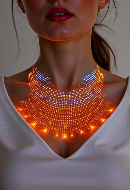 subdermal LED jewelry, (implant fashion:1.7), (vibrant internal LED glow:1.6) beneath the skin, (embedded LEDs:1.7) forming an extravagant illuminated necklace pattern under the skin, (golden light accents:1.5) glowing from beneath the surface, (sapphire-like LED glow:1.5) radiating along the collarbone, (elegant modern top:1.4), intricate and gaudy subdermal lighting design, (modest fashion:1.4), fabric seamlessly integrating with subdermal tech, high-definition, (natural skin tone:1.5), bright, bold light diffusion from under the skin, ultra-realistic textures, (gaudy but refined style:1.5), advanced subdermal technology, smooth transitions between skin and glowing light patterns, (tech-infused beauty:1.5), vibrant subdermal necklace effects, (futuristic elegance:1.5), high-resolution, glowing light accents under the skin, sleek and refined top complementing subdermal jewelry, (implanted jewelry:1.6), modern elegance with bold design, (nudity:-1.5), (revealing:-1.5), (suggestive:-1.5), (provocative:-1.5), (overexposed:-1.3), (worn jewelry:-1.7), (unclothed:-1.5), (explicit:-1.6), (immodest:-1.4)