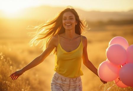 A stunning blonde California model in a yellow sleeveless top side boob and white crochet lace pants runs, long brown hair through, a sunlit California field, her long brown hair, holding a large bunch of pink balloons in her right hand, capturing a playful golden hour glow.