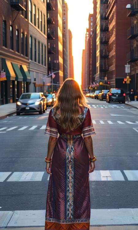 from behind and above, zoomed out photo of a desilatte slender woman standing in the middle of a street in a dynamic pose, watching the sun set between a row of buildings on either side of the street, manhattanhenge, dressed in ethnic wear, cinematic lighting, <lora:Desi_Coffee_V30_SDXL_LoRA:1>