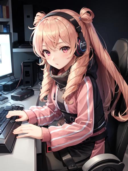 <lora:Maribelle_FE-10:0.6>, maribelle fe, masterpiece, ultra high quality cg, best quality, girl solo, long hair, gaming platform, gaming pc, pink theme room, gaming keyboard, gaming headphone, gaming console, bubble gum