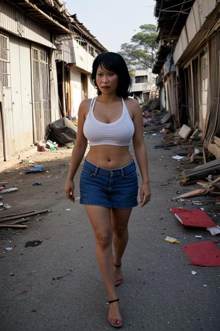 Cambodian milf, nude, Big tits, black hair, gorgeous, saggy breasts, slums, walking in ghetto